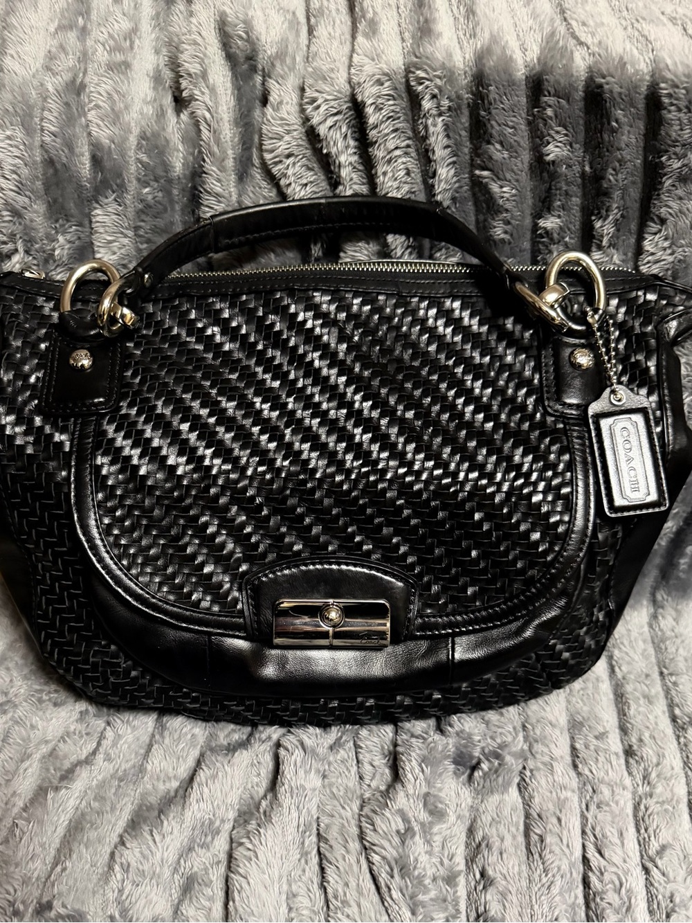 Coach Black Woven Leather Shoulder Bag with Polished Hardware